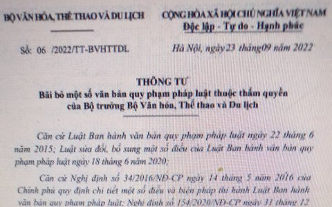 Thông báo thông tư số 06/2022/TT-BVHTTDL ngày 23/9/2022